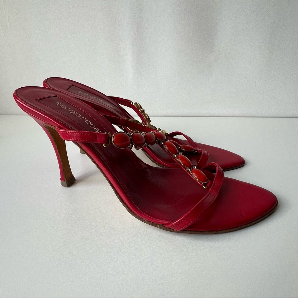 Sergio Rossi Red Crystal and Orange Stone Embellished Sandals, Size 39 - Picture 16 of 16